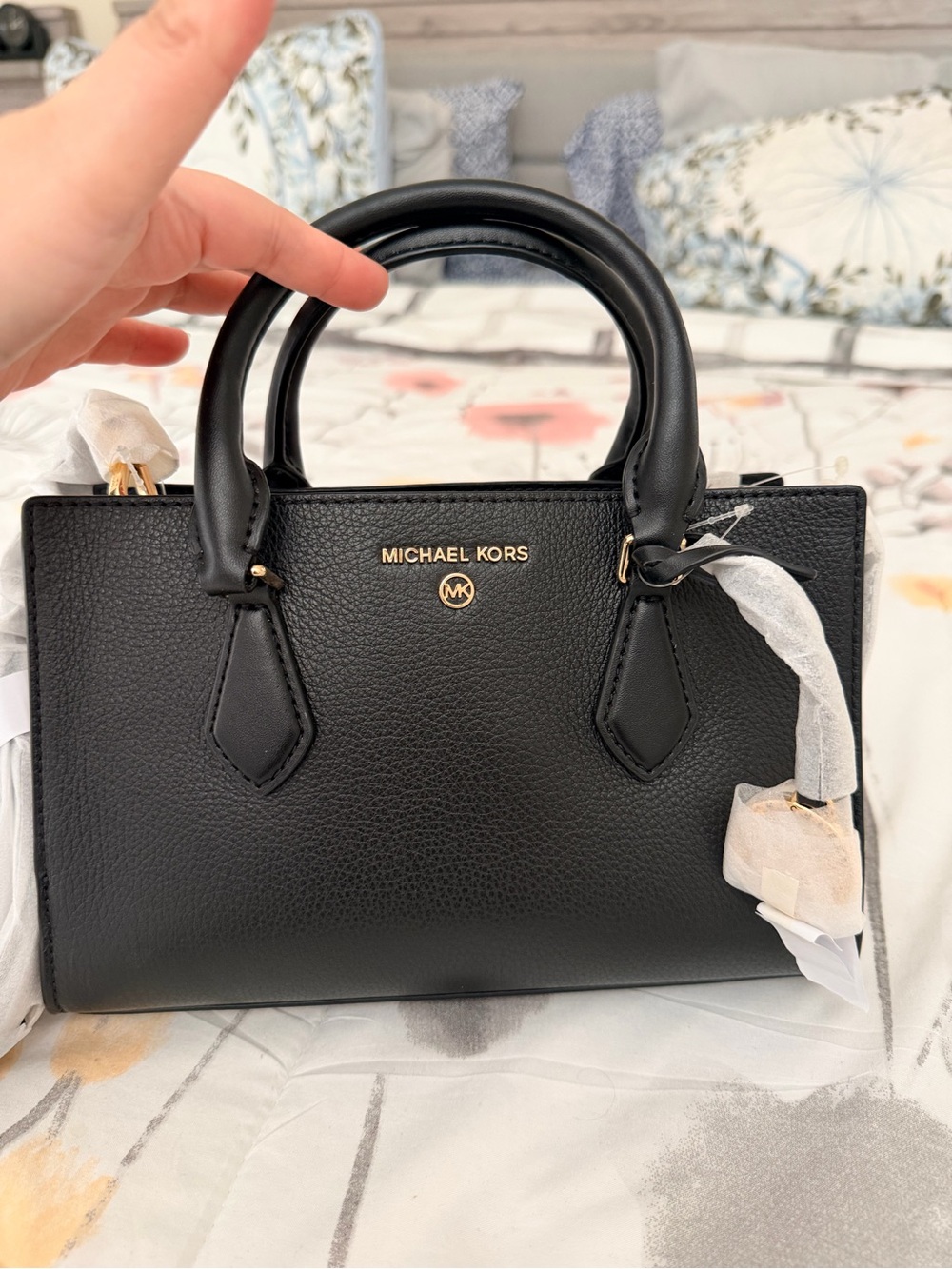 Michael Kors Black Pebbled Leather Satchel with Gold Hardware